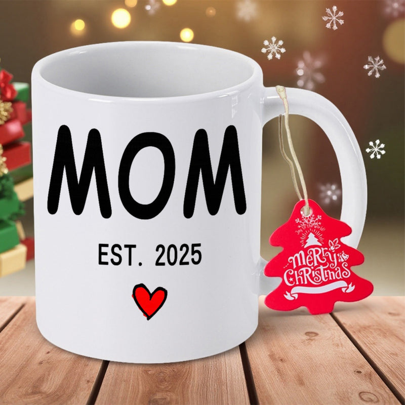 Tailorly White Ceramic 11 oz Mug - Mom Est 2025 Minimalist White Ceramic Vessel With Black Text And Small Red Heart Mug