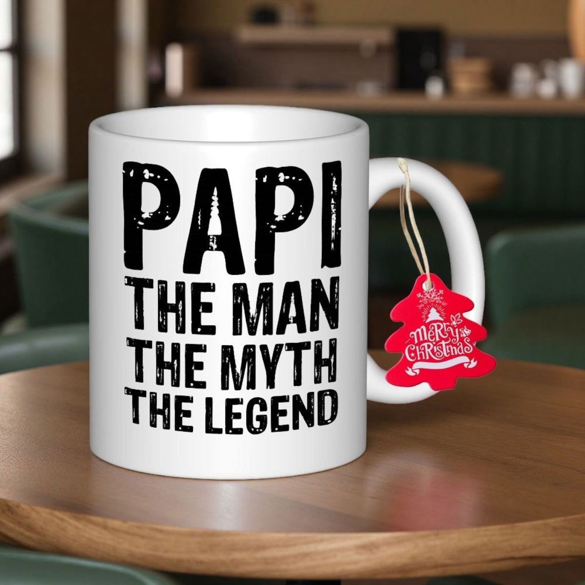 Tailorly White Ceramic 11 oz Mug - Papi The Man The Myth The Legend Distressed Bold Block Lettering On Pure White Surfaces Of A Ceramic Mug
