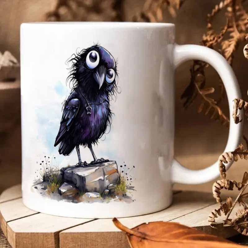 Tailorly White Ceramic 11 oz Mug - Quaint Messy Feathered Black Bird Standing On Rustic Stone With Watercolor Accents Crow