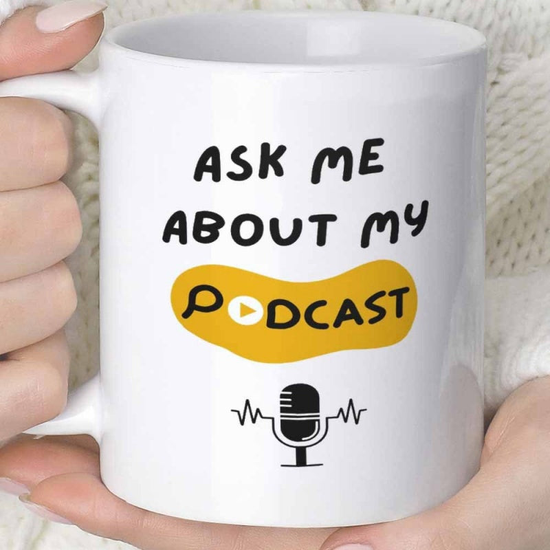 Tailorly White Ceramic 11 oz Mug - Ask Me About My Podcast Studio Equipment Featuring Play Button And Sound Waves Recording Microphone