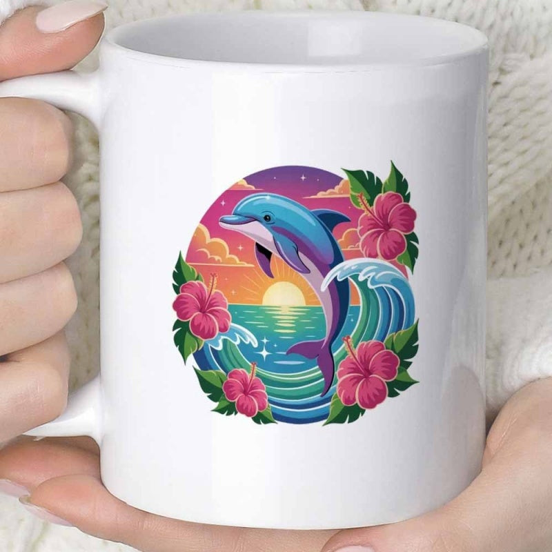 Tailorly White Ceramic 11 oz Mug - Vibrant Tropical Sunset Over Ocean Waves With Pink Hibiscus Flowers And Jumping Dolphin