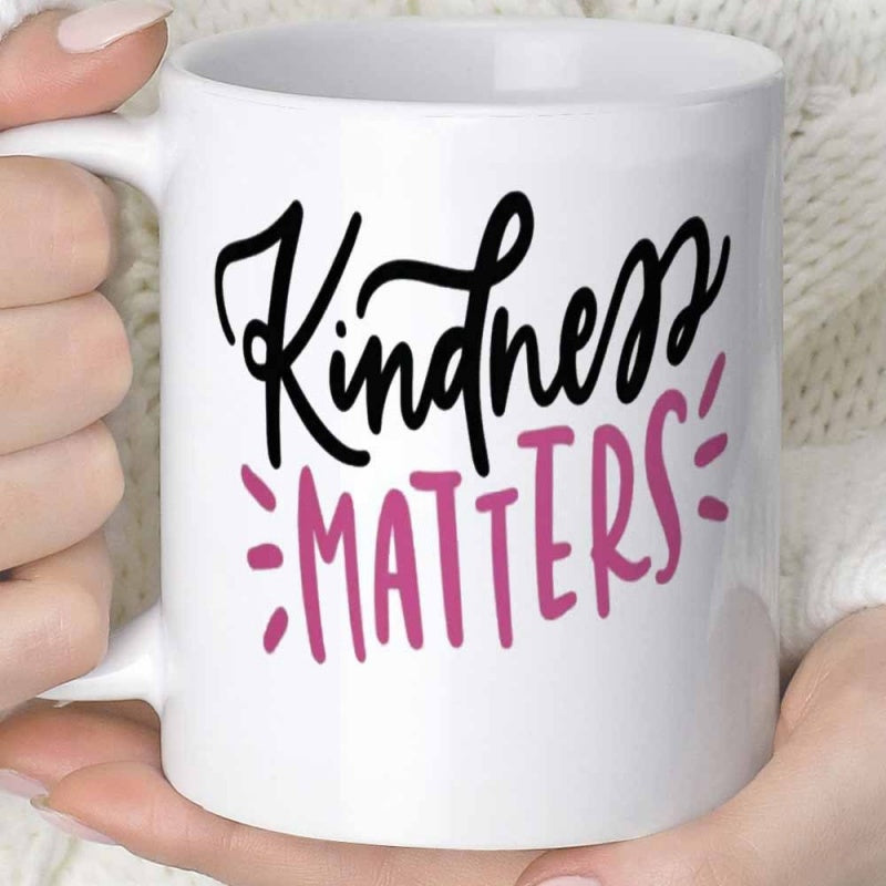 Tailorly White Ceramic 11 oz Mug - Kindness Matters Elegant Black Script Combined With Vibrant Pink Hand Lettered Text Typography