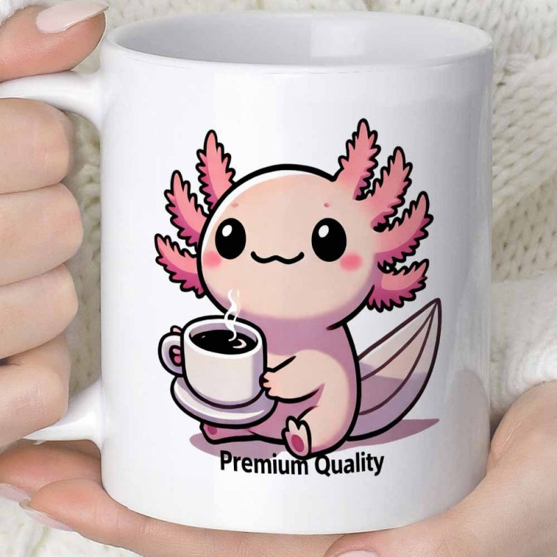 Tailorly White Ceramic 11 oz Mug - Premium Quality Cute Pink Creature Holding A Steaming Cup Of Hot Coffee Axolotl