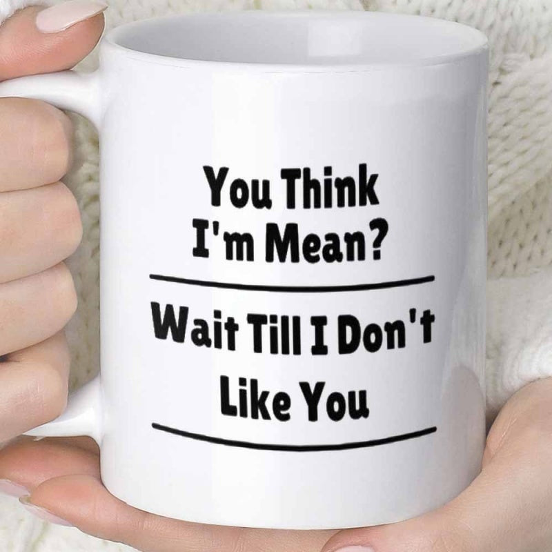 Tailorly White Ceramic 11 oz Mug - You Think Im Mean Wait Till I Dont Like You Minimalist Bold Black Text Between Two Thin Horizontal Parallel Lines Design