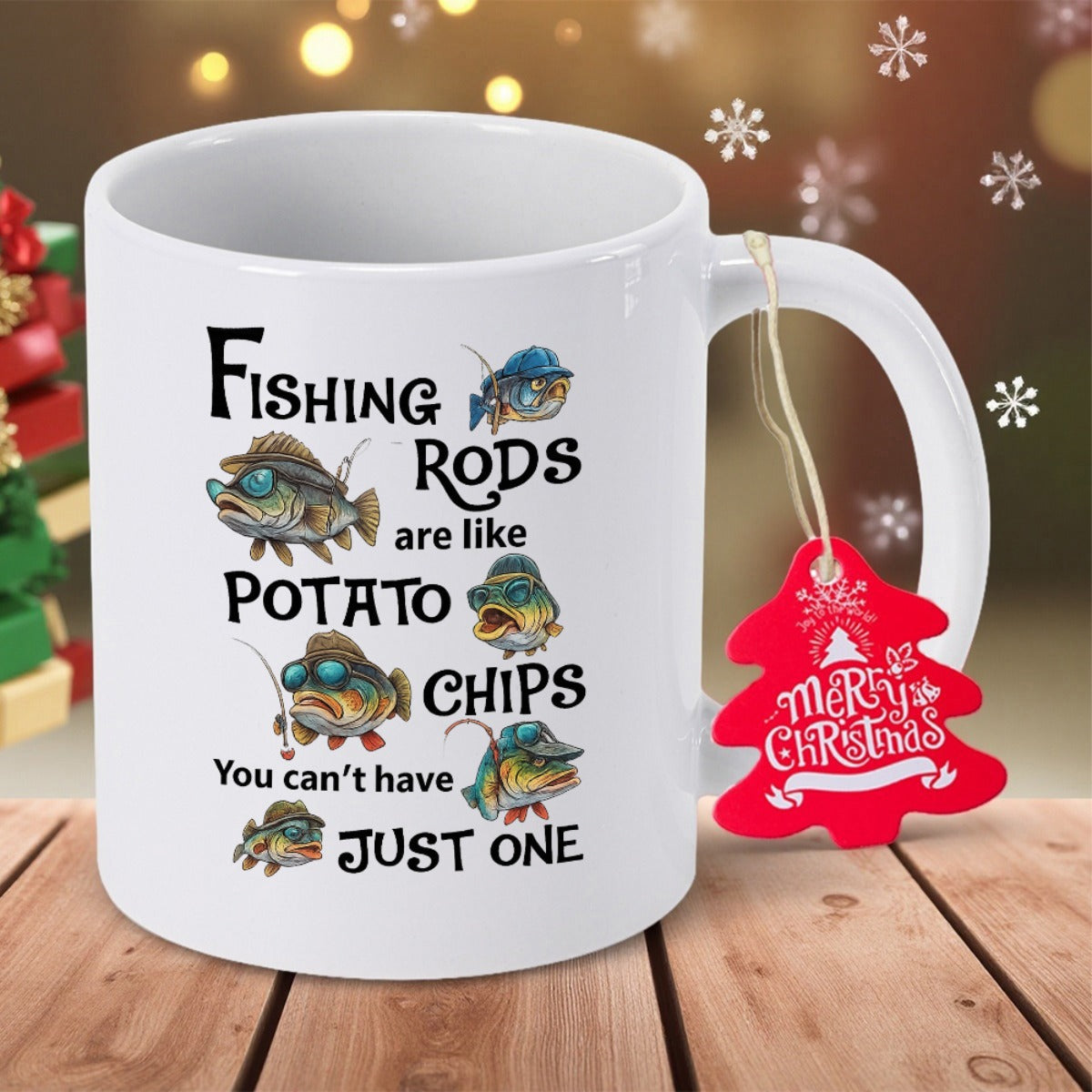 Tailorly White Ceramic 11 oz Mug - Fishing Rods Are Like Potato Chips You Cant Have Just One Cartoon Fish Wearing Sunglasses And Hats Holding Miniature Fishing