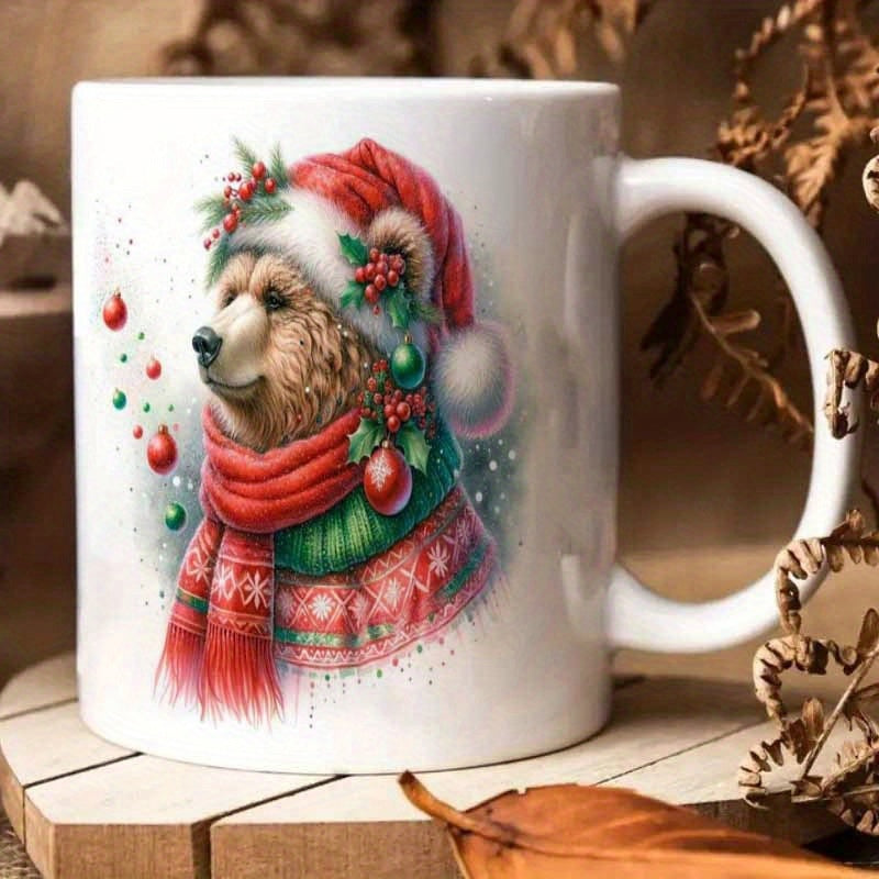 Tailorly White Ceramic 11 oz Mug - Festive Brown Bear Wearing Christmas Hat And Red Scarf Winter Bear