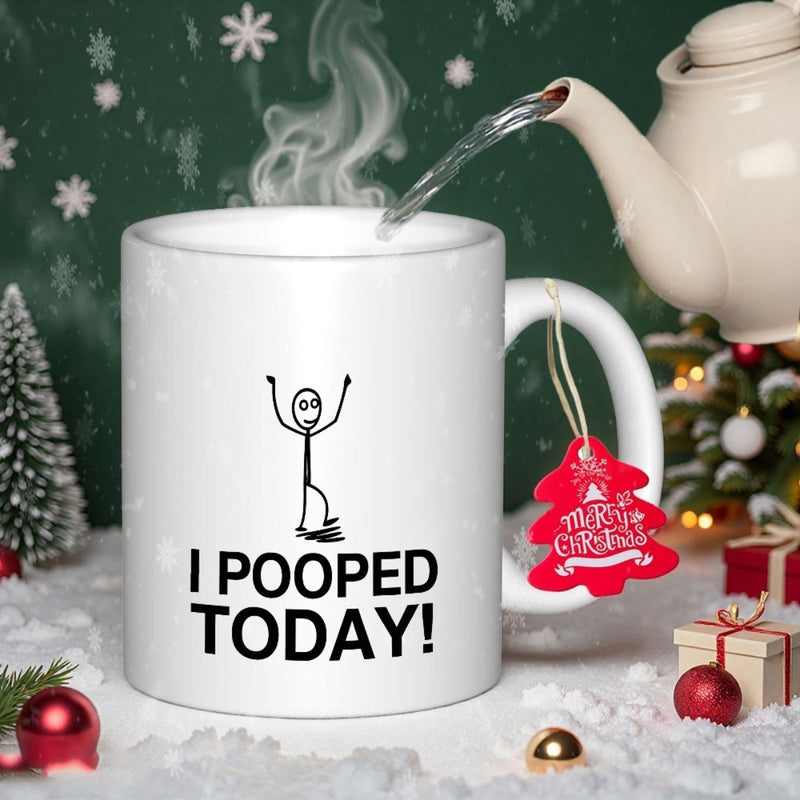 Tailorly White Ceramic 11 oz Mug - I Pooped Today Minimalist Black Line Drawing Celebrating With Raised Arms Simple Stickman Figure