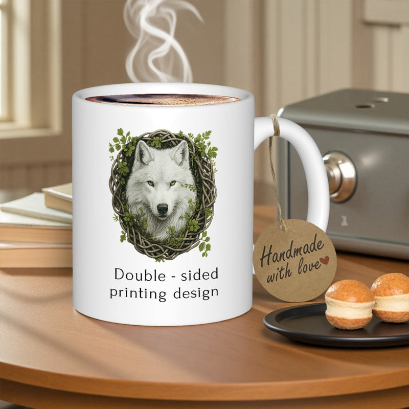 Tailorly White Ceramic 11 oz Mug - Double Sided Printing Design Majestic White Wolf Head Framed By Green Leafy Wreath Wolf