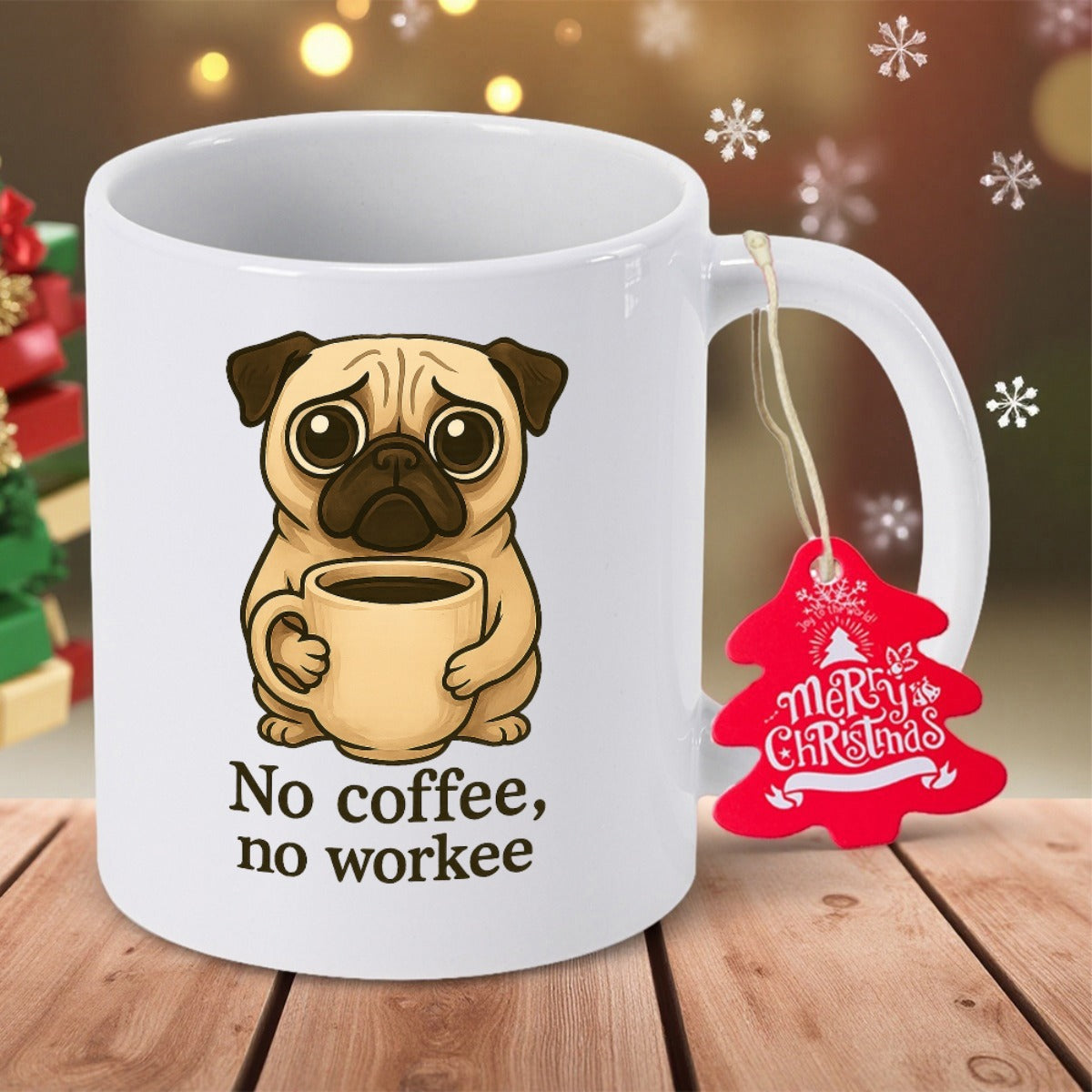 Tailorly White Ceramic 11 oz Mug - No Coffee No Workee Cute Cartoon Pug Holding Small Coffee Mug Among Warm Decorative Elements Mug