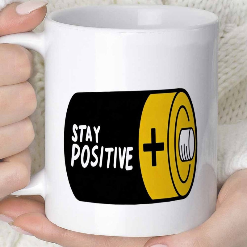 Tailorly White Ceramic 11 oz Mug - Stay Positive Simple Cartoon Battery With Black And Yellow Colors Showing Plus Sign Battery