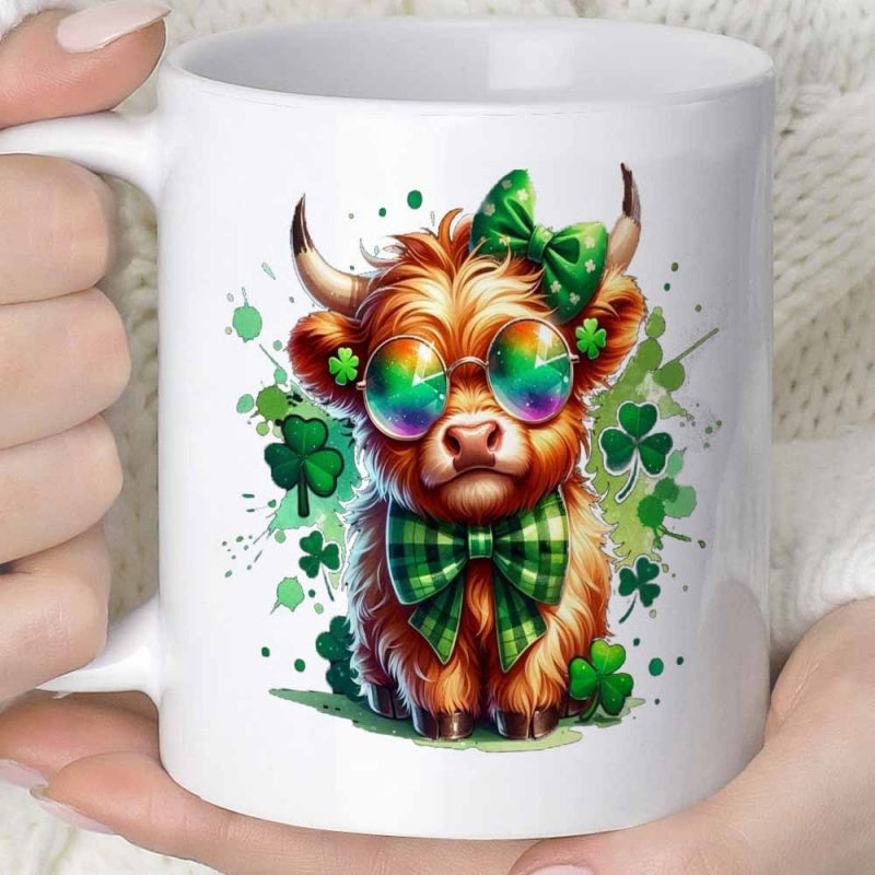 Tailorly White Ceramic 11 oz Mug - Adorable Highland Animal Wearing Rainbow Sunglasses Among Green Clover Leaves Cow