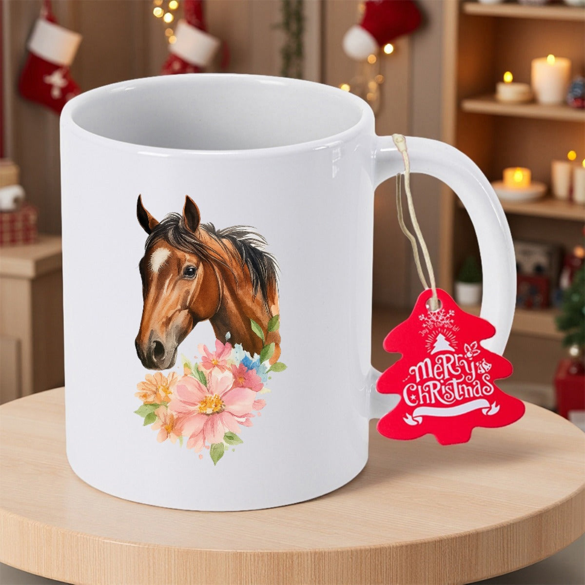 Tailorly White Ceramic 11 oz Mug - Merry Christmas Realistic Brown Horse Head Surrounded By Soft Pink Blooming Flowers Horse