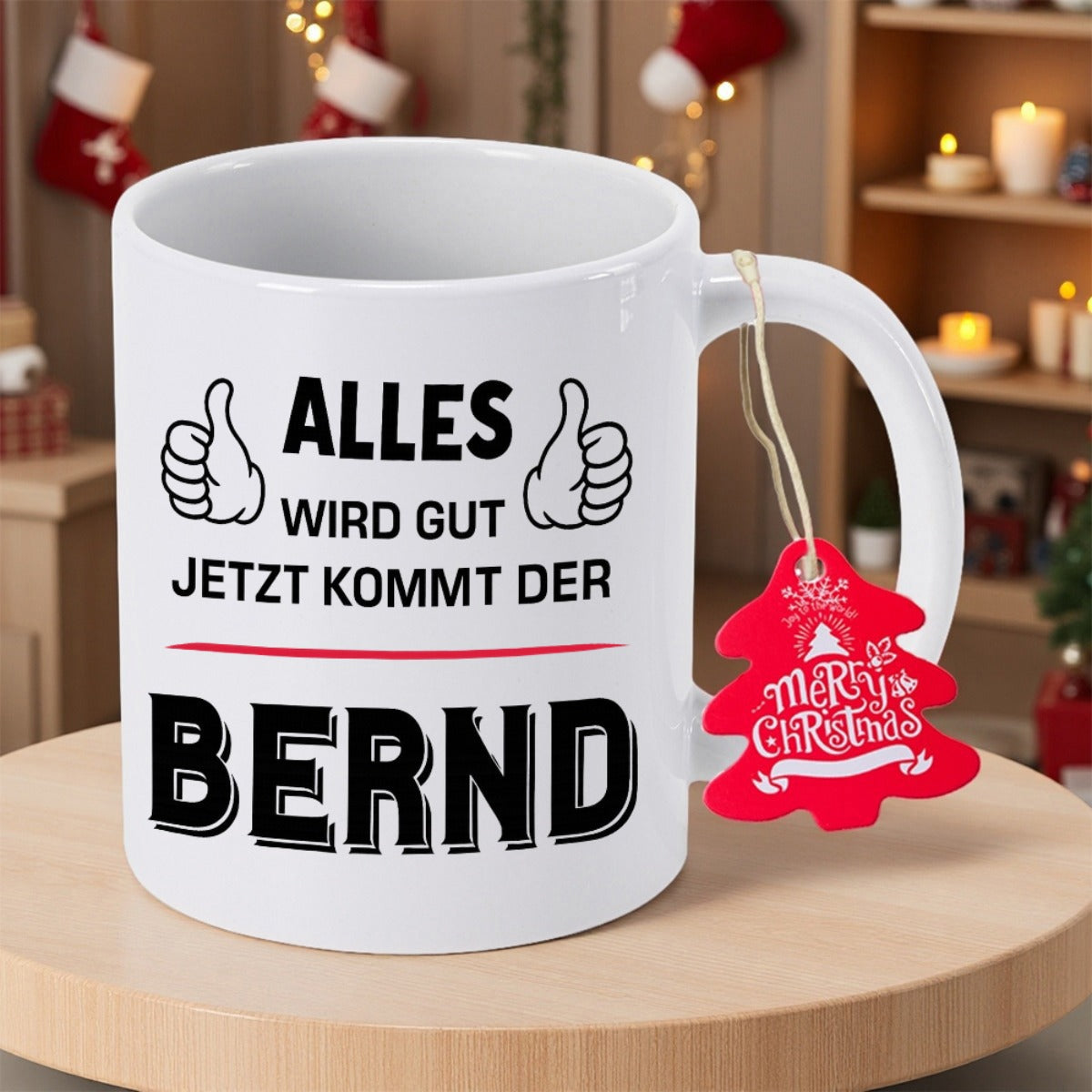 Tailorly White Ceramic 11 oz Mug - Merry Christmas White Surface Featuring Two Cartoon Thumbs Up Graphic Symbols With Red Tag Mug