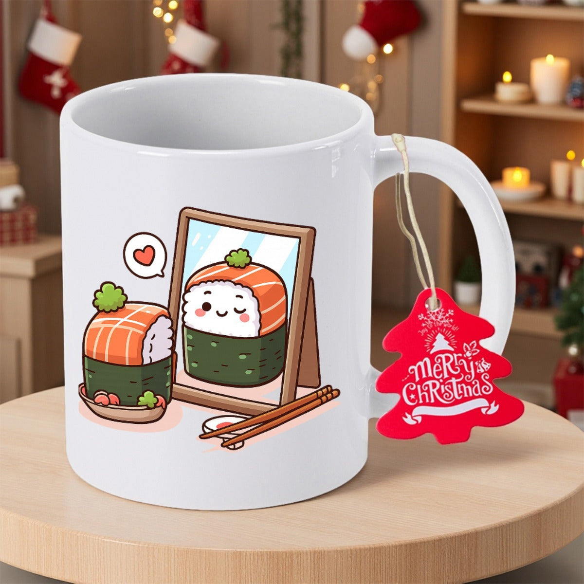 Tailorly White Ceramic 11 oz Mug - Merry Christmas Adorable Cartoon Sushi Looking At Its Reflection In A Mirror Sushi