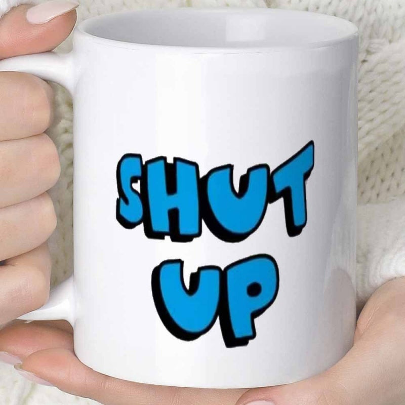 Tailorly White Ceramic 11 oz Mug - Shut Up Bold Blue Cartoon Letters With Black Shadows On A Clean