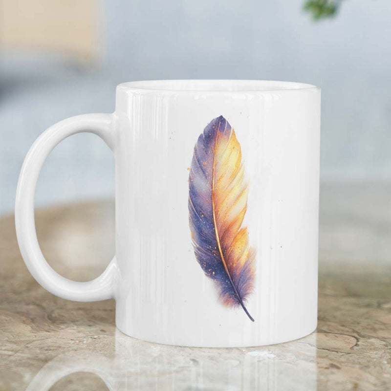 Tailorly White Ceramic 11 oz Mug - Watercolor Vibrant Purple And Orange Delicate Texture Artistic Floating Light Feather
