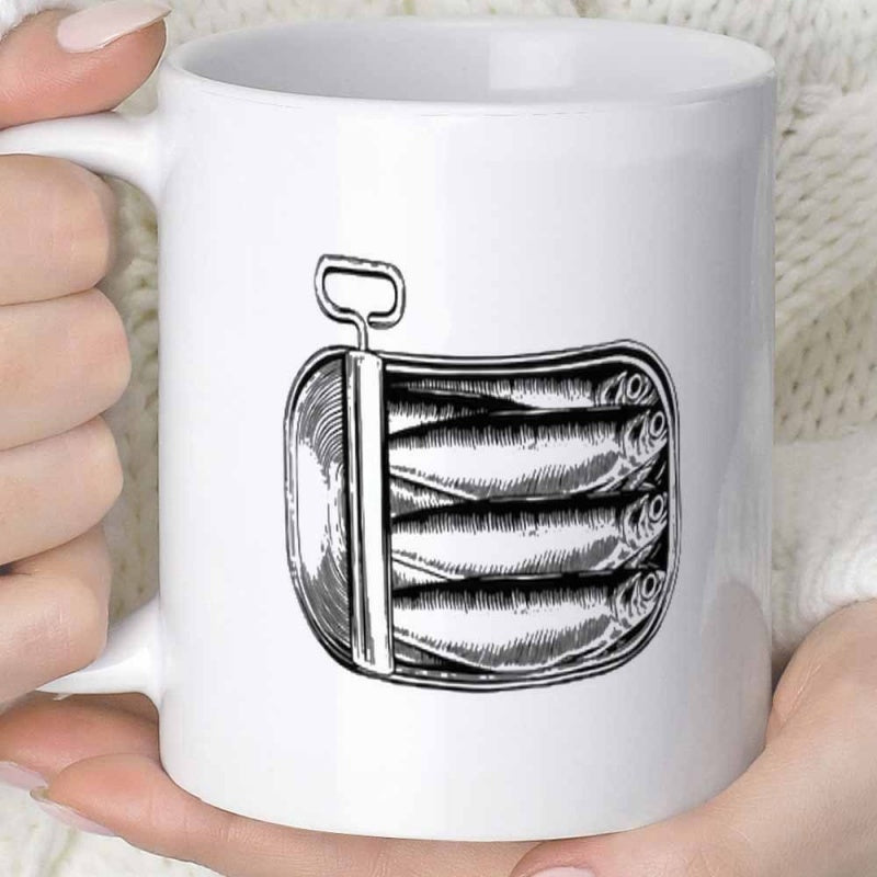 Tailorly White Ceramic 11 oz Mug - Vintage Style Hand Drawn Fish Packed Inside An Open Metal Sardine Tin