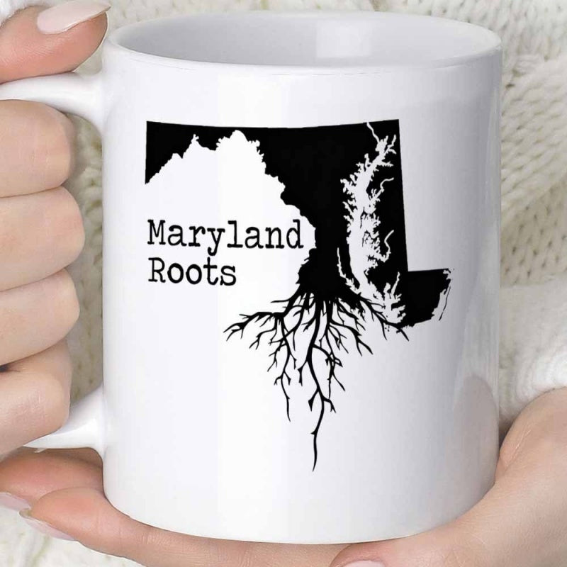 Tailorly White Ceramic 11 oz Mug - Maryland Roots Silhouette Outline Of State With Deep Tangled Decorative Artistic Roots Map