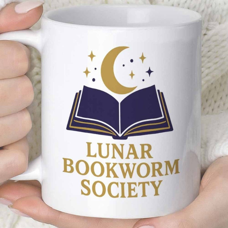 Tailorly White Ceramic 11 oz Mug - Lunar Bookworm Society Glowing Crescent Moon Floating Above An Open Majestic Story Book