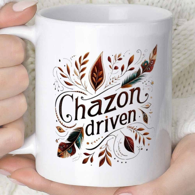 Tailorly White Ceramic 11 oz Mug - Chazon Driven Elegant Swirling Feathers And Rustic Autumn Foliage Surrounding Artistic Leaves