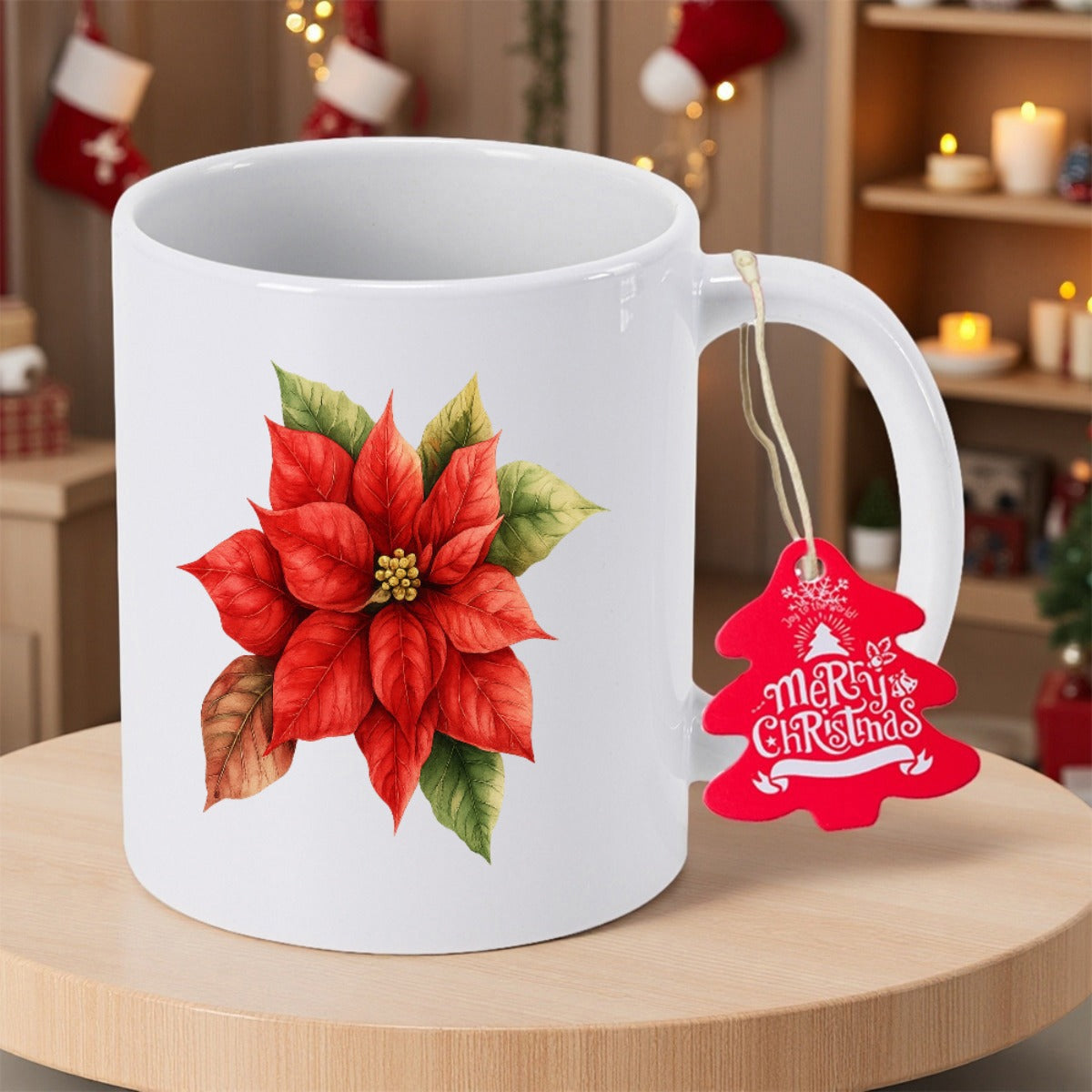 Tailorly White Ceramic 11 oz Mug - Merry Christmas Vibrant Red Blooming Holiday Flower With Lush Green Leaves Poinsettia