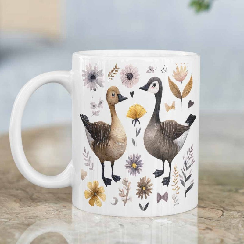 Tailorly White Ceramic 11 oz Mug - Watercolor Wildflowers With Hearts And Butterflies Surrounding Two Elegant Geese