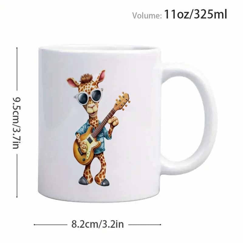 Tailorly White Ceramic 11 oz Mug - Cool Cartoon Giraffe Wearing Sunglasses And Playing An Electric Guitar Giraffe