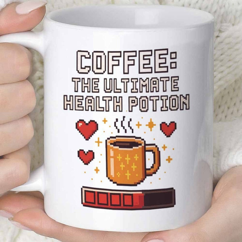 Tailorly White Ceramic 11 oz Mug - Coffee The Ultimate Health Potion Pixel Art Style With Red Hearts And Glowing Health Bar Mug