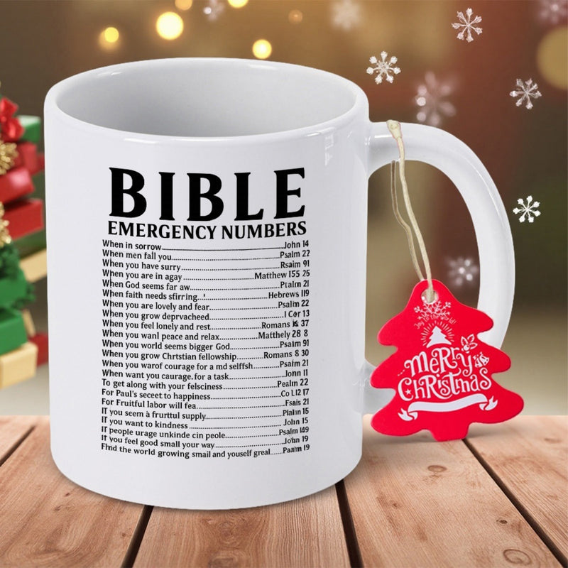 Tailorly White Ceramic 11 oz Mug - Bible Emergency Numbers Minimalist White Ceramic Vessel Displaying Clear List Of Verse References Mug