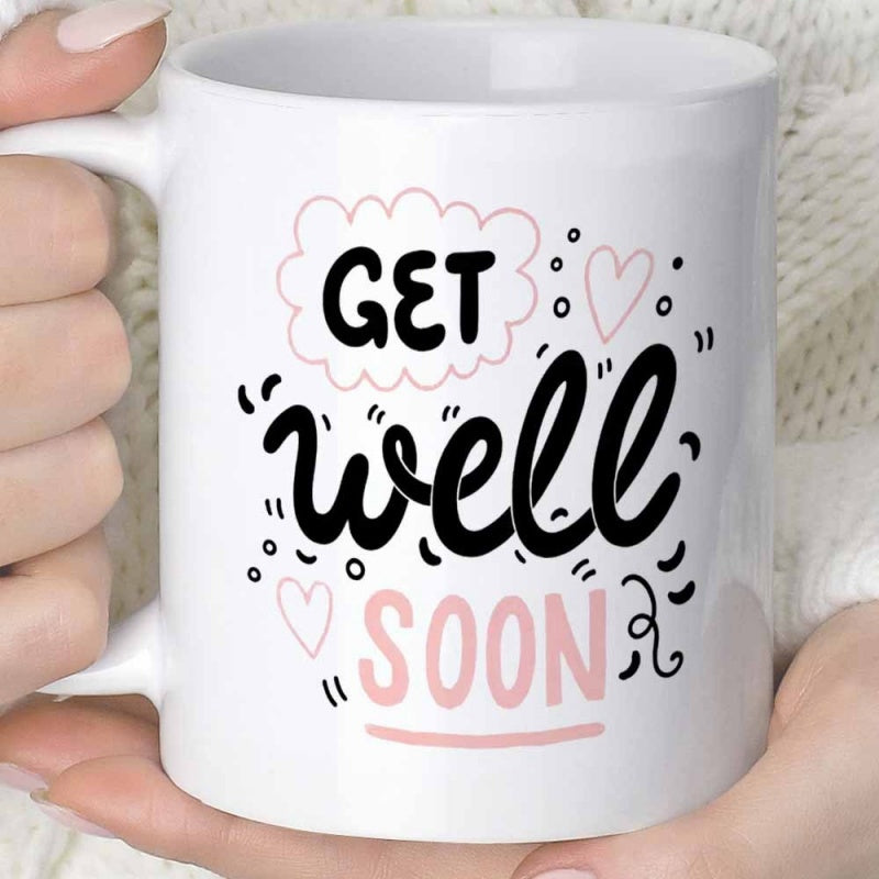 Tailorly White Ceramic 11 oz Mug - Get Well Soon Pink Hearts And Playful Doodles Surrounding A Warm Sentiment Mug