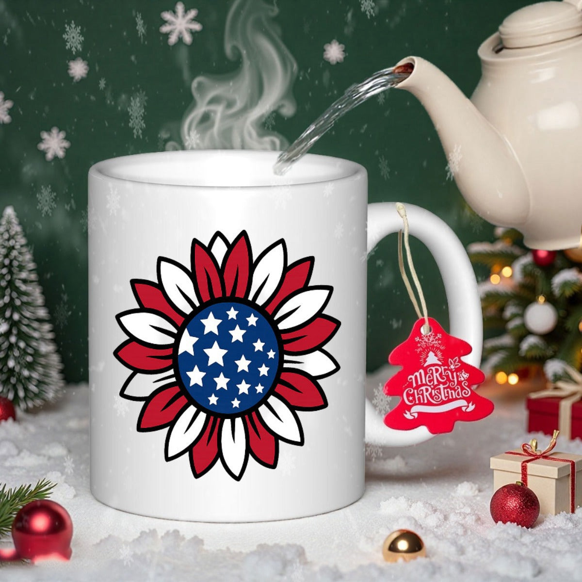 Tailorly White Ceramic 11 oz Mug - Patriotic American Flag Inspired Petals With White Stars On Blue Sunflower