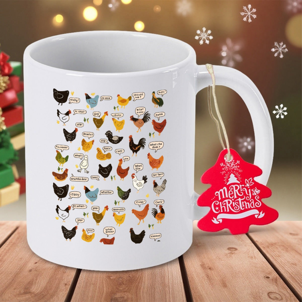 Tailorly White Ceramic 11 oz Mug - Merry Christmas Colorful Varieties Of Domestic Poultry Arranged In Neatly Organized Decorative Rows Chicken