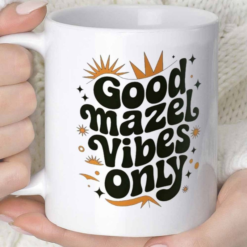 Tailorly White Ceramic 11 oz Mug - Good Mazel Vibes Only Retro Sun And Golden Crown With Sparkling Stars In Vintage Style Mug