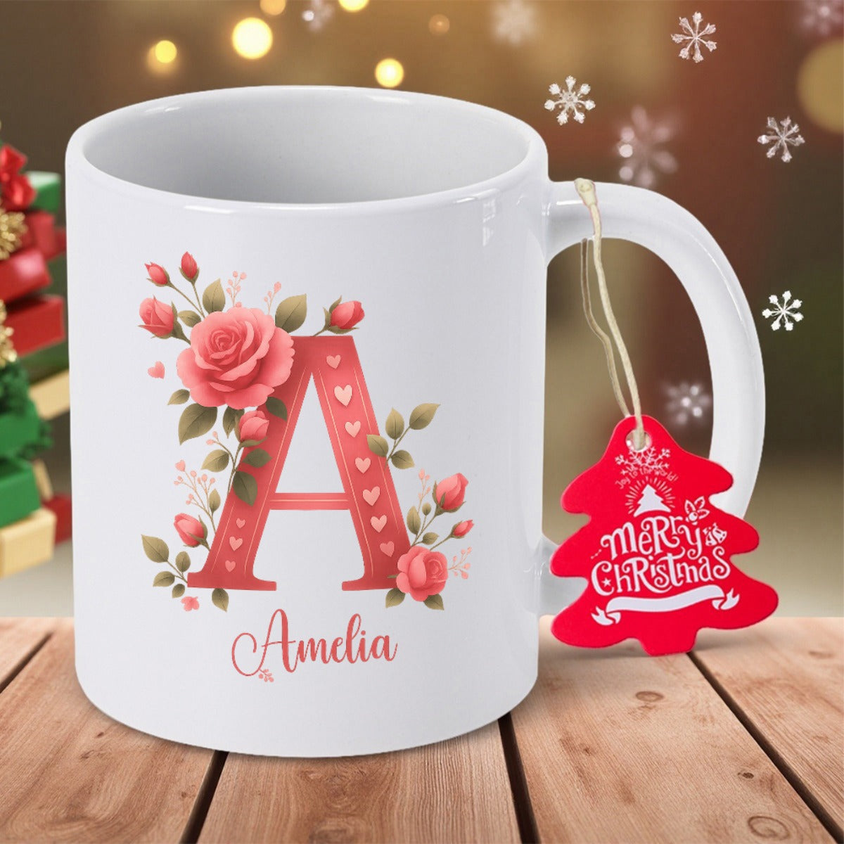 Tailorly White Ceramic 11 oz Mug - Amelia Merry Christmas Large Initial Letter With Pink Roses And Green Foliage Initial