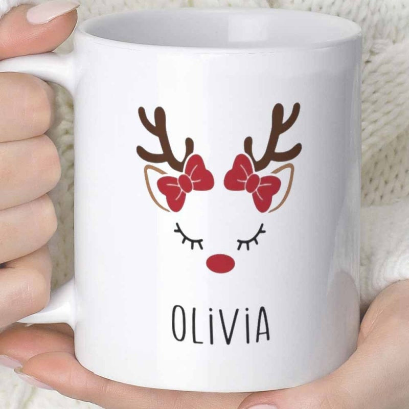 Tailorly White Ceramic 11 oz Mug - Olivia Minimalist Festive Christmas Antlers Decorated With Twin Red Bows Reindeer