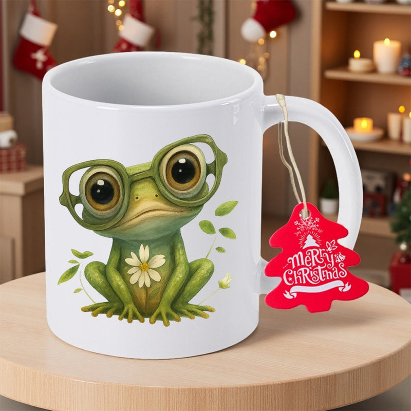 Tailorly White Ceramic 11 oz Mug - Merry Christmas Cute Green Cartoon Wearing Large Glasses With A Daisy Flower Frog
