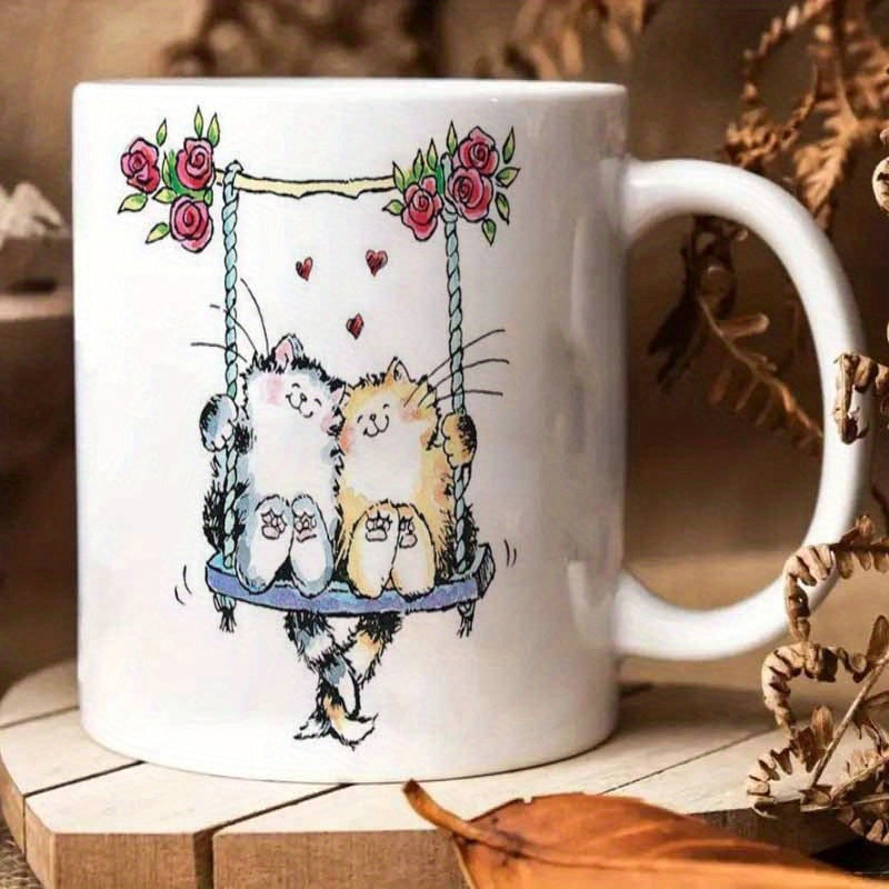 Tailorly White Ceramic 11 oz Mug - Two Adorable Hand Drawn Cats Sitting On A Floral Swing Cats