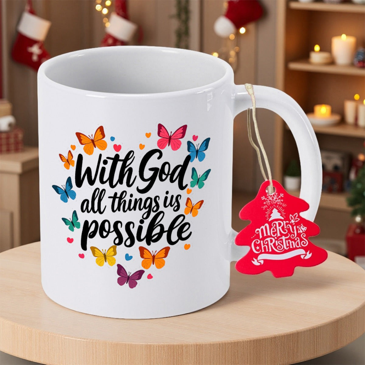 Tailorly White Ceramic 11 oz Mug - With God All Things Is Possible Vivid Colorful Wings Fluttering Gracefully Around Inspirational Script Quotes Elegant Butterfly