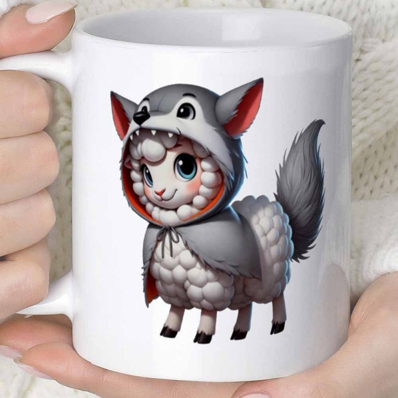 Tailorly White Ceramic 11 oz Mug - Cute Fluffy Little Lamb Wearing A Creative Wolf Costume Hooded Cloak Sheep