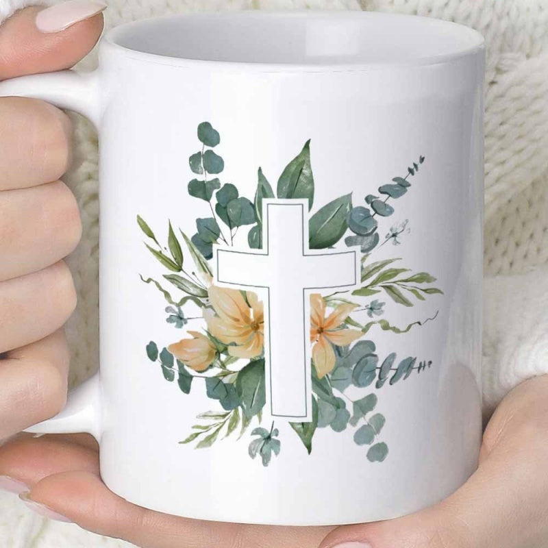 Tailorly White Ceramic 11 oz Mug - Elegant Watercolor Greenery And Pale Flowers Surrounding A Sacred Minimalist Christian Cross