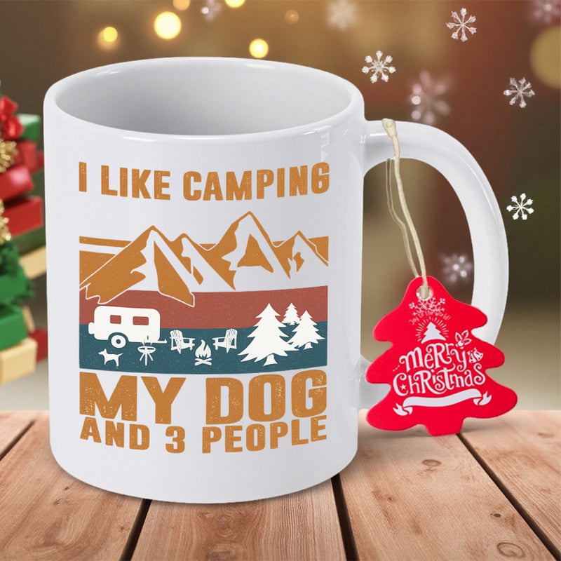 Tailorly White Ceramic 11 oz Mug - I Like Camping My Dog And 3 People Retro Sunset Scenic Peaks With Small Trailer And Pine Trees Mountain