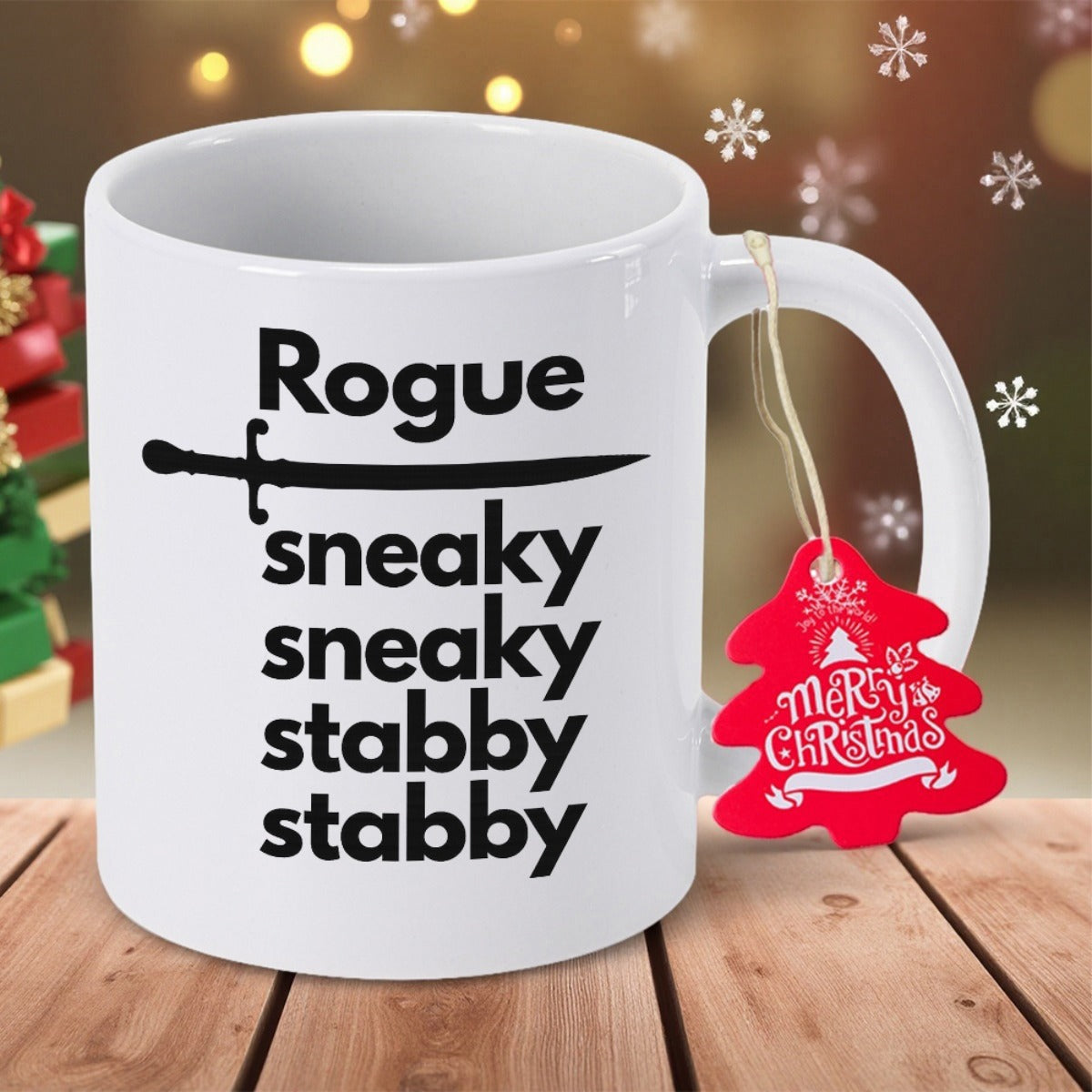 Tailorly White Ceramic 11 oz Mug - Rogue Sneaky Sneaky Stabby Stabby Sharp Black Silhouette Of A Sleek Combat Blade Or Martial Sword