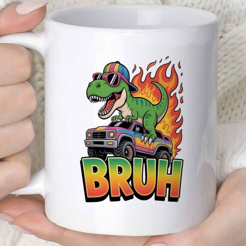 Tailorly White Ceramic 11 oz Mug - Bruh Vibrant Green T Rex Wearing Sunglasses Riding On A Flaming Monster Truck Dinosaur