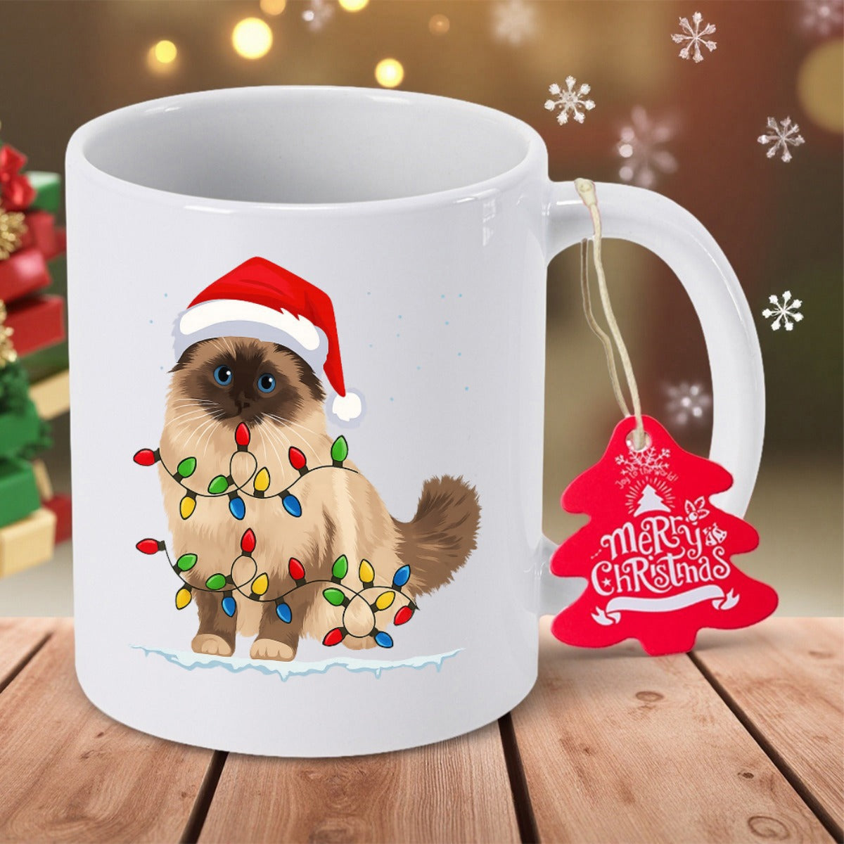 Tailorly White Ceramic 11 oz Mug - Merry Christmas Fluffy Himalayan Pet Wearing Red Santa Hat Tangled In Lights Cat
