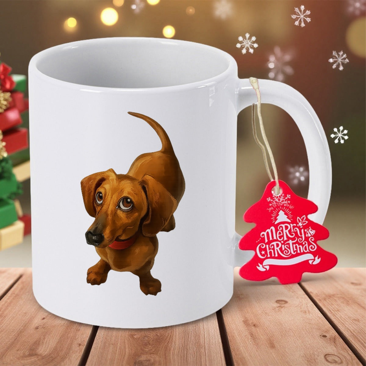Tailorly White Ceramic 11 oz Mug - Merry Christmas Loyal Brown Furry Dog With Big Eyes And Red Collar Dachshund