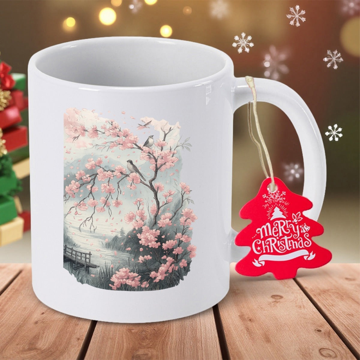 Tailorly White Ceramic 11 oz Mug - Beautiful Pink Cherry Blossom Branches With Singing Bird Resting Among Blooming Flowers Tree