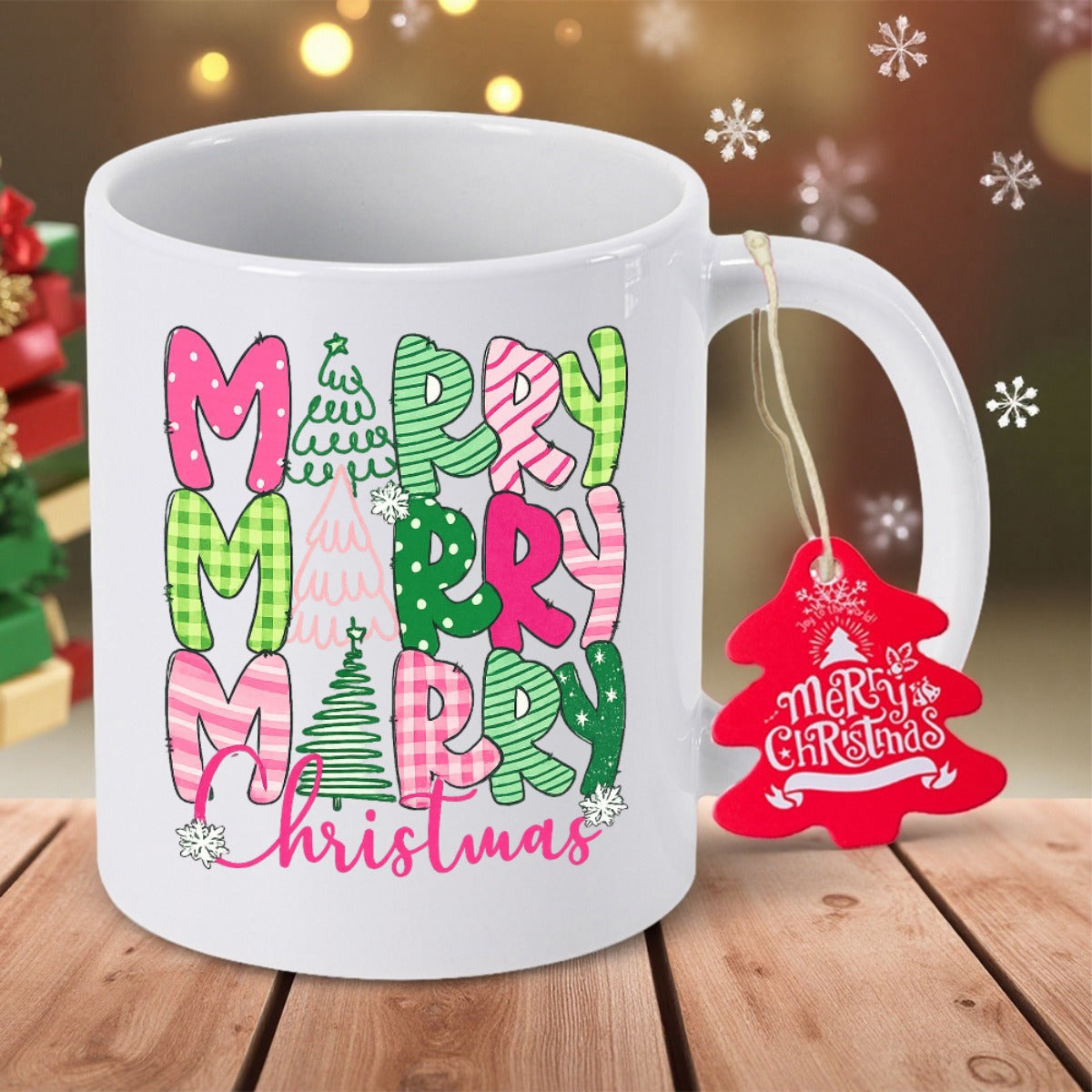 Tailorly White Ceramic 11 oz Mug - Merry Merry Merry Christmas Festive Trees With Colorful Patterned Decorative Letters In Pink And Green Mug