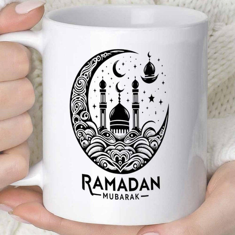 Tailorly White Ceramic 11 oz Mug - Ramadan Mubarak Intricate Crescent Moon With Swirling Patterns And Decorative Islamic Architecture Mosque