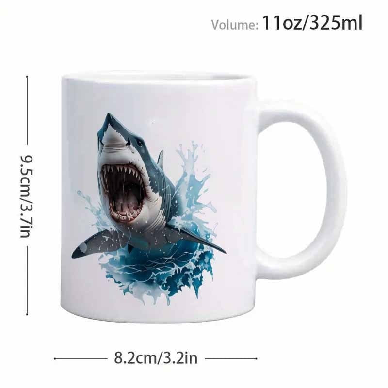 Tailorly White Ceramic 11 oz Mug - Powerful Great White Leaping From Splashing Deep Blue Sea Waves Shark