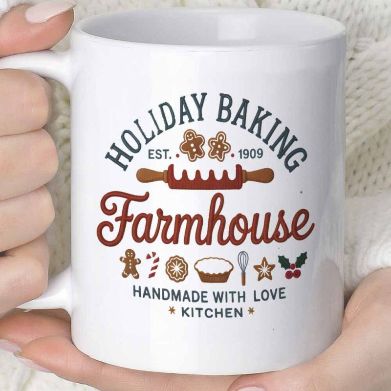 Tailorly White Ceramic 11 oz Mug - Holiday Baking Farmhouse Handmade With Love Kitchen Rustic Vintage Festive Elements Featuring Gingerbread Cookies And Rolling